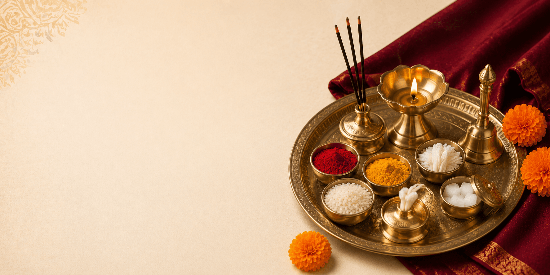 Puja thali with pavitra puja essentials
